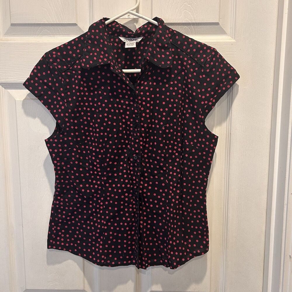 Vintage Tramp Polka Dotted‎ Short Sleeve Top Collar Sz Large Cotton Black Pink
